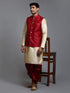 Vastramay Men's Maroon Zari Weaved Jacket With Kurta Dhoti Set