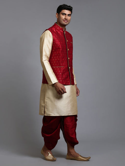 Vastramay Men's Maroon Zari Weaved Jacket With Kurta Dhoti Set