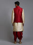 Vastramay Men's Maroon Zari Weaved Jacket With Kurta Dhoti Set