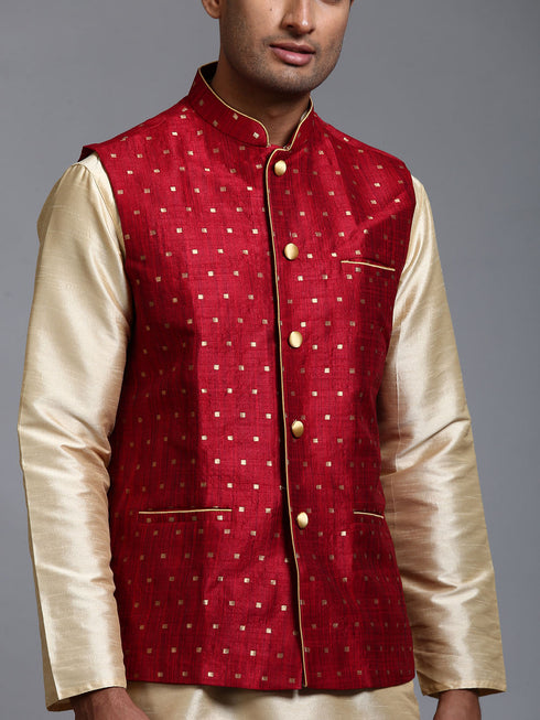 Vastramay Men's Maroon Zari Weaved Jacket With Kurta Dhoti Set