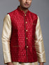Vastramay Men's Maroon Zari Weaved Jacket With Kurta Dhoti Set