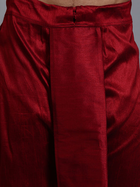 Vastramay Men's Maroon Zari Weaved Jacket With Kurta Dhoti Set