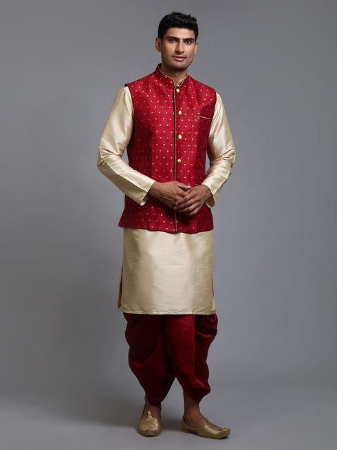 Vastramay Men's Maroon Zari Weaved Jacket With Kurta Dhoti Set