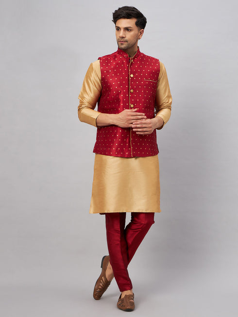 Vastramay Men's Maroon Zari Weaved Jacket With Kurta Pant Set