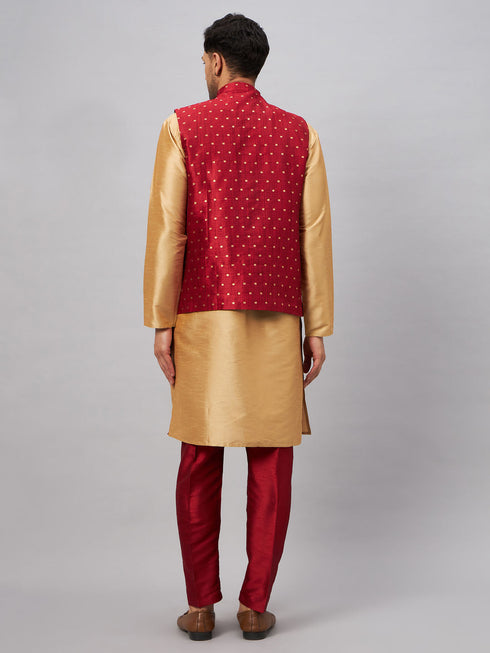 Vastramay Men's Maroon Zari Weaved Jacket With Kurta Pant Set