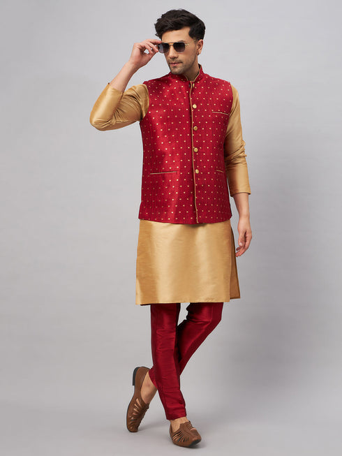 Vastramay Men's Maroon Zari Weaved Jacket With Kurta Pant Set