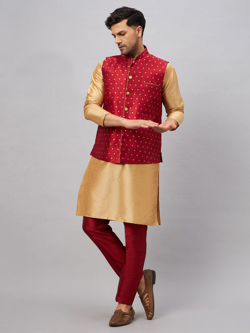 VM By VASTRAMAY Men's Maroon Zari Weaved Jacket With Kurta Pant Set
