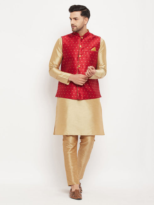 Vastramay Men's Maroon Zari Weaved Jacket With Kurta Pant Set