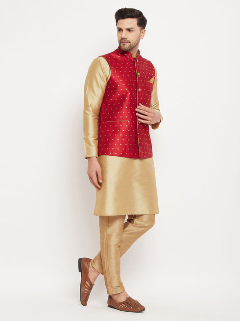 Vastramay Men's Maroon Zari Weaved Jacket With Kurta Pant Set
