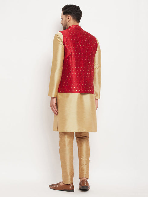 Vastramay Men's Maroon Zari Weaved Jacket With Kurta Pant Set