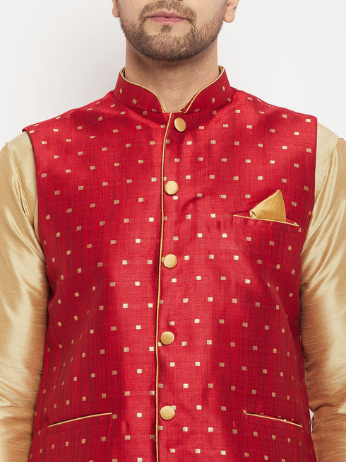 Vastramay Men's Maroon Zari Weaved Jacket With Kurta Pant Set