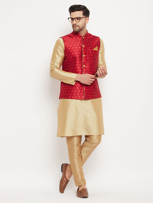 Vastramay Men's Maroon Zari Weaved Jacket With Kurta Pant Set