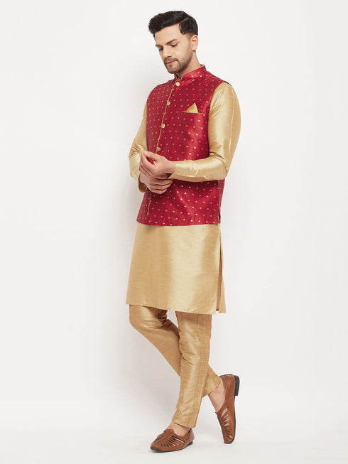 Vastramay Men's Maroon Zari Weaved Jacket With Kurta Pant Set
