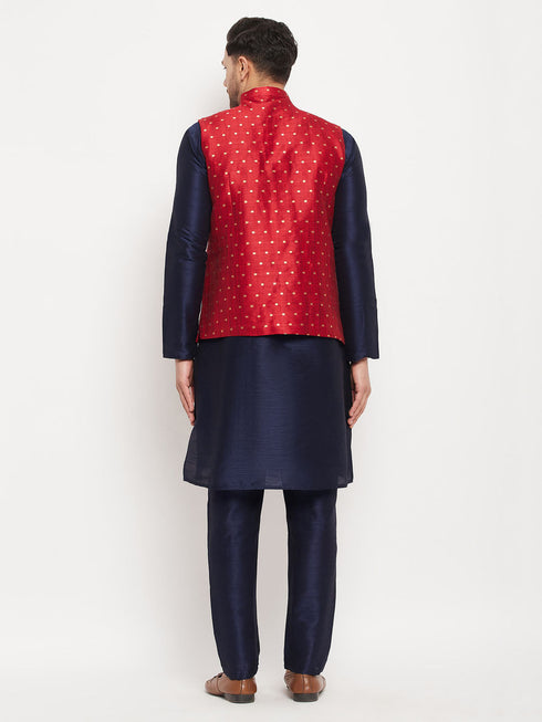 Vastramay Men's Maroon Zari Weaved Jacket With Kurta Pant Set