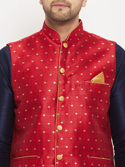 Vastramay Men's Maroon Zari Weaved Jacket With Kurta Pant Set
