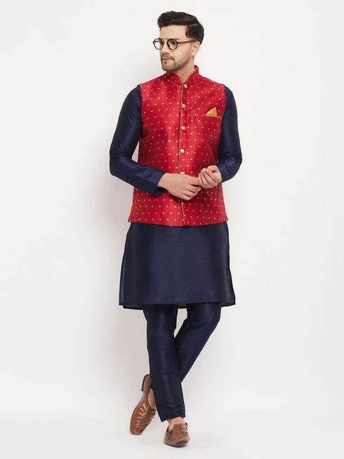 Vastramay Men's Maroon Zari Weaved Jacket With Kurta Pant Set
