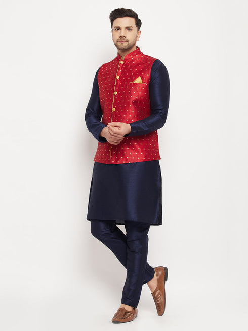 Vastramay Men's Maroon Zari Weaved Jacket With Kurta Pant Set