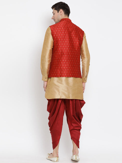Vastramay Men's Maroon Zari Weaved Jacket With Kurta Dhoti Set