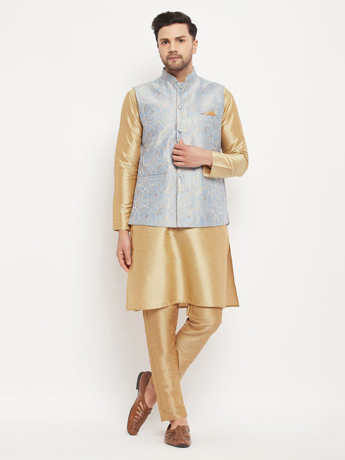 Vastramay Men's Grey Jacquard Jacket With Kurta And Pant Set