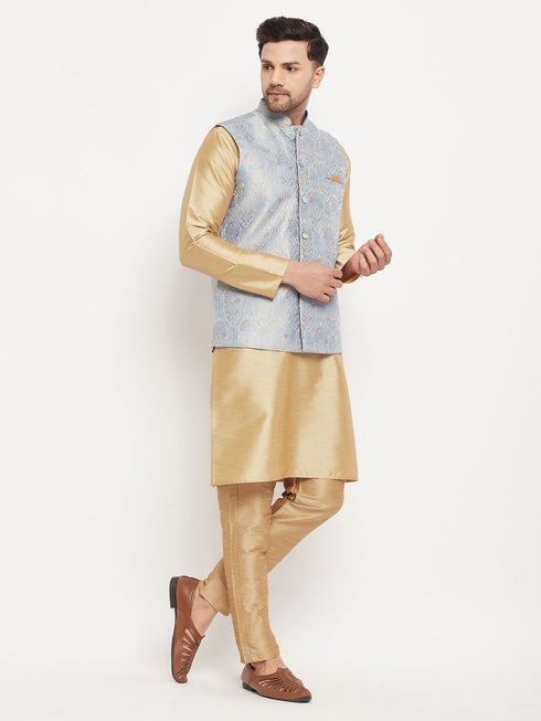 Vastramay Men's Grey Jacquard Jacket With Kurta And Pant Set