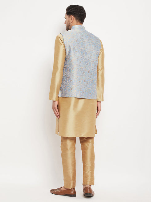 Vastramay Men's Grey Jacquard Jacket With Kurta And Pant Set