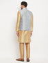 Vastramay Men's Grey Jacquard Jacket With Kurta And Pant Set
