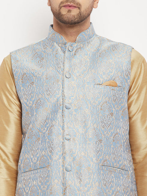 Vastramay Men's Grey Jacquard Jacket With Kurta And Pant Set