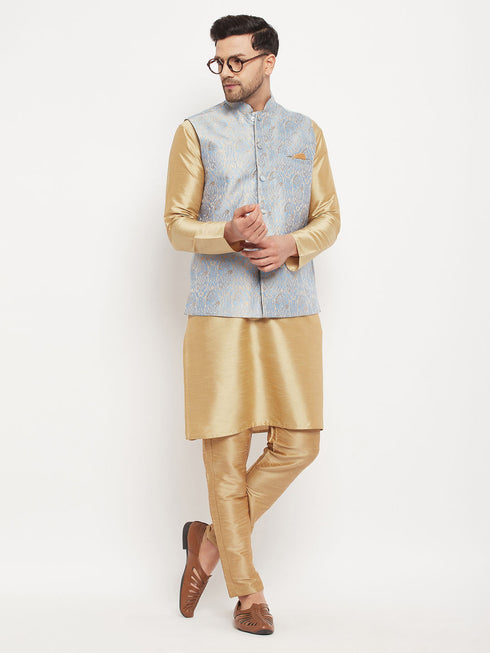 Vastramay Men's Grey Jacquard Jacket With Kurta And Pant Set