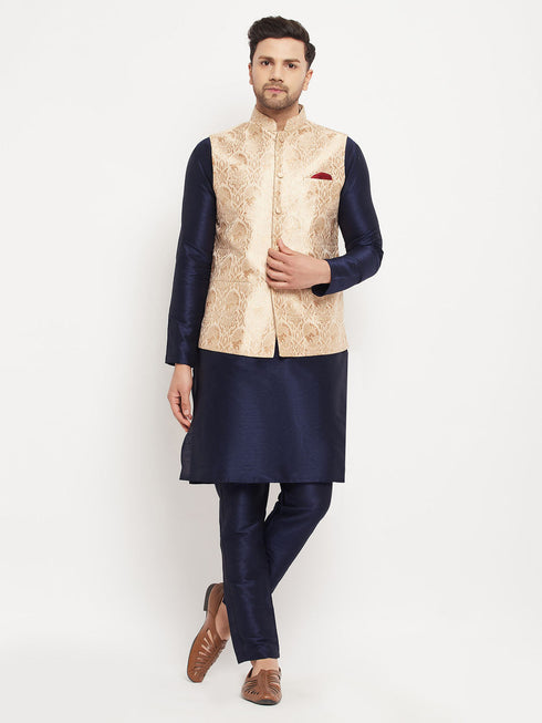 Vastramay Men's Rose Gold Jacquard Jacket With Kurta And Pant Set