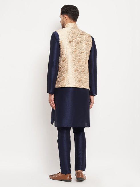 Vastramay Men's Rose Gold Jacquard Jacket With Kurta And Pant Set