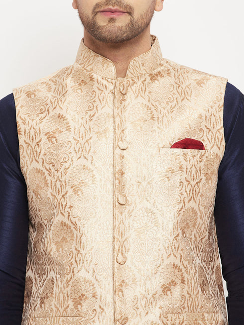 Vastramay Men's Rose Gold Jacquard Jacket With Kurta And Pant Set