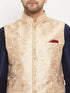 Vastramay Men's Rose Gold Jacquard Jacket With Kurta And Pant Set