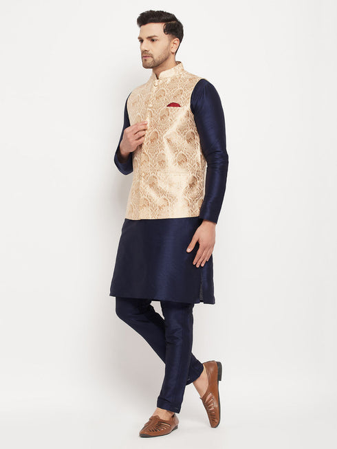 Vastramay Men's Rose Gold Jacquard Jacket With Kurta And Pant Set