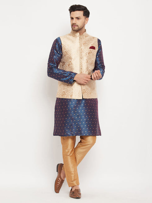 Vastramay Men's Rose Gold Jacquard Jacket With Kurta And Pant Set