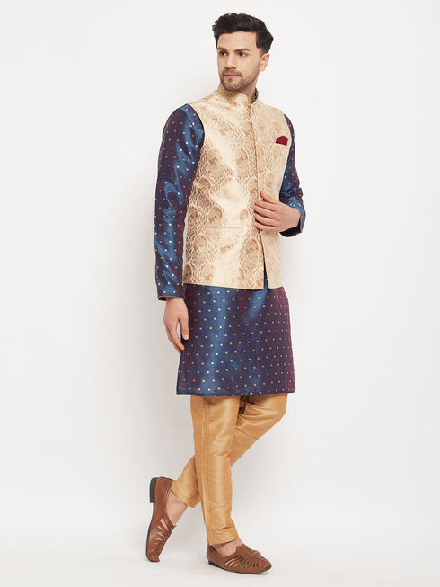 Vastramay Men's Rose Gold Jacquard Jacket With Kurta And Pant Set