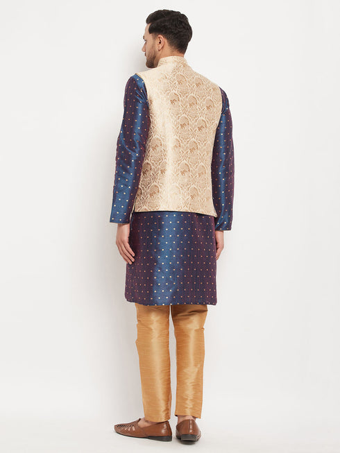 Vastramay Men's Rose Gold Jacquard Jacket With Kurta And Pant Set