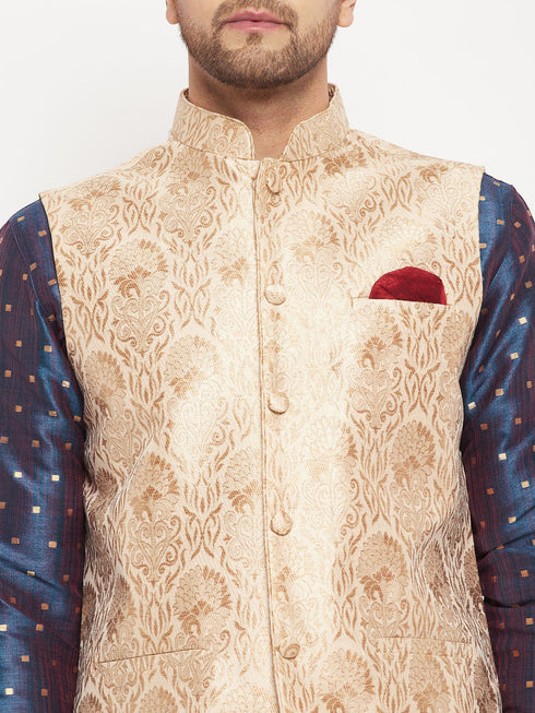 Vastramay Men's Rose Gold Jacquard Jacket With Kurta And Pant Set
