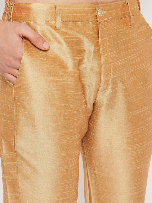 Vastramay Men's Rose Gold Jacquard Jacket With Kurta And Pant Set