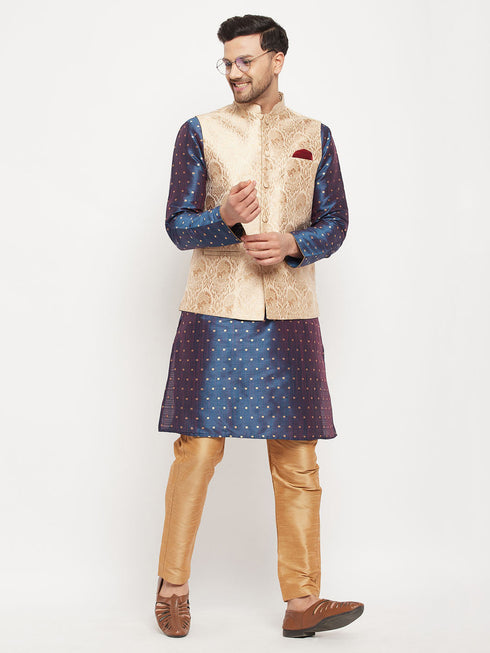 Vastramay Men's Rose Gold Jacquard Jacket With Kurta And Pant Set
