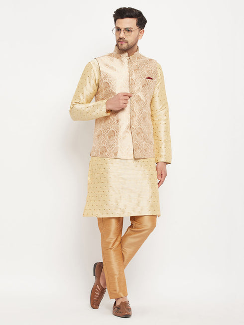 Vastramay Men's Rose Gold Jacquard Jacket With Kurta And Pant Set