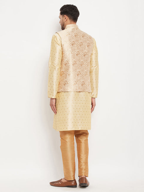 Vastramay Men's Rose Gold Jacquard Jacket With Kurta And Pant Set