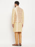 Vastramay Men's Rose Gold Jacquard Jacket With Kurta And Pant Set