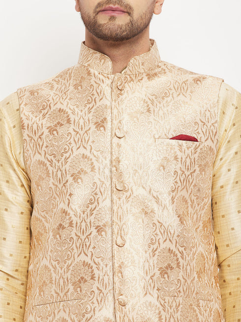 Vastramay Men's Rose Gold Jacquard Jacket With Kurta And Pant Set