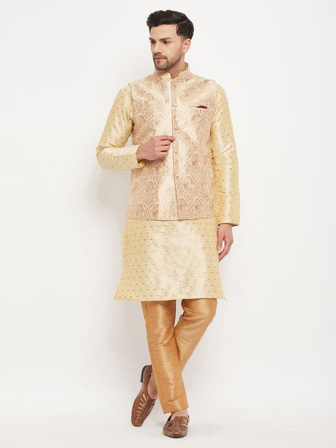 Vastramay Men's Rose Gold Jacquard Jacket With Kurta And Pant Set