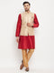 Vastramay Men's Rose Gold Jacquard Jacket With Kurta And Pant Set