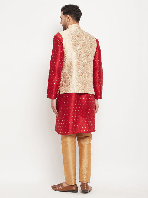 Vastramay Men's Rose Gold Jacquard Jacket With Kurta And Pant Set