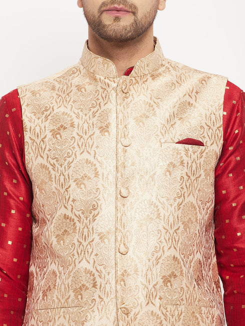 Vastramay Men's Rose Gold Jacquard Jacket With Kurta And Pant Set