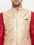 Vastramay Men's Rose Gold Jacquard Jacket With Kurta And Pant Set