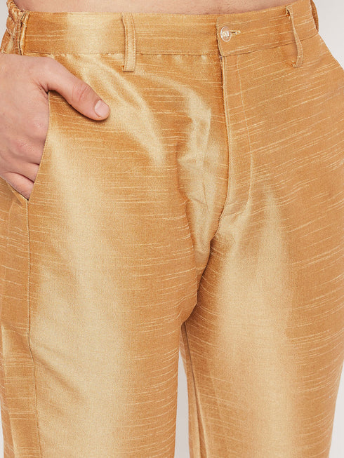 Vastramay Men's Rose Gold Jacquard Jacket With Kurta And Pant Set