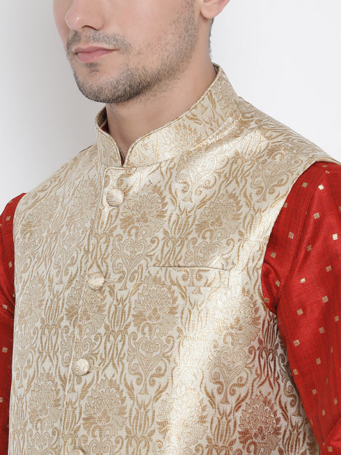 Vastramay Men's Rose Gold Jacquard Jacket With Kurta Pyjama Sett
